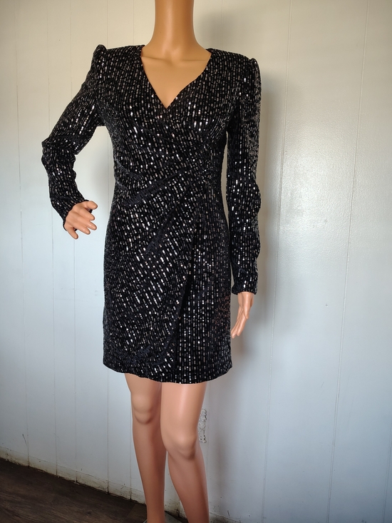 o.p.t Dresses & Skirts - o.p.t Black Sequin Mini Dress Long Sleeve Wrap Front V-Neck Size XS